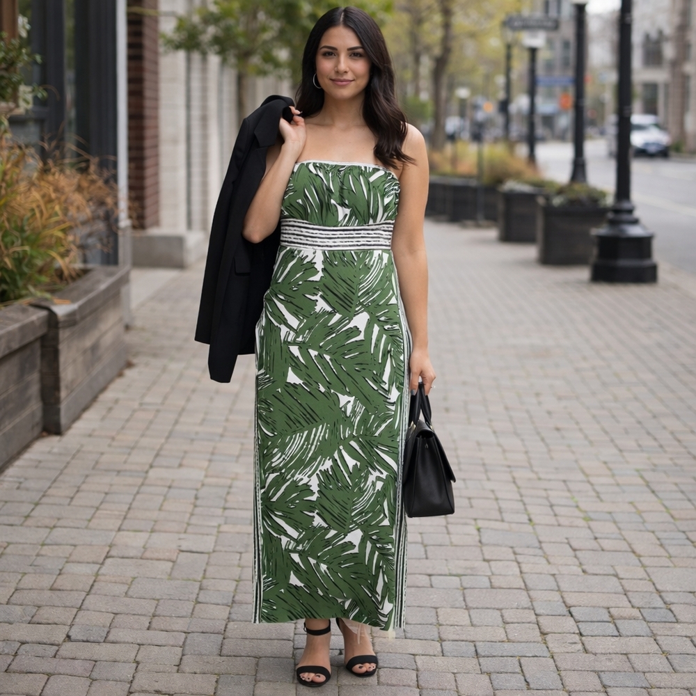 Le Chateau Palm Leaves Strapless Maxi Dress Green Stretch Jersey Tropical